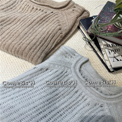 真丝羊绒卷边圆领镂空塔头长袖