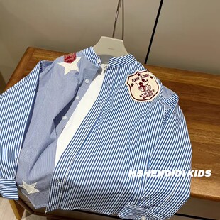 韩国童装 儿童拼色条纹肩部徽章设计长袖衬衫男女童衬衣春秋新款