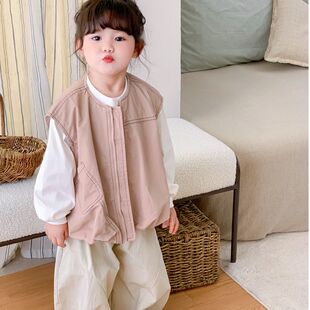 儿童韩版2025春秋新品女童花苞无袖马甲宝宝字母刺绣洋气工装背心