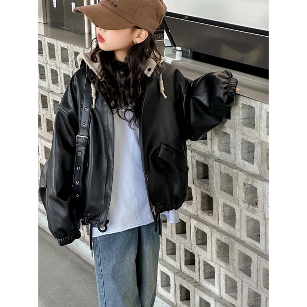 女童连帽皮衣夹克外套春秋2025新款中大童洋气黑色韩系加厚拉炼衫