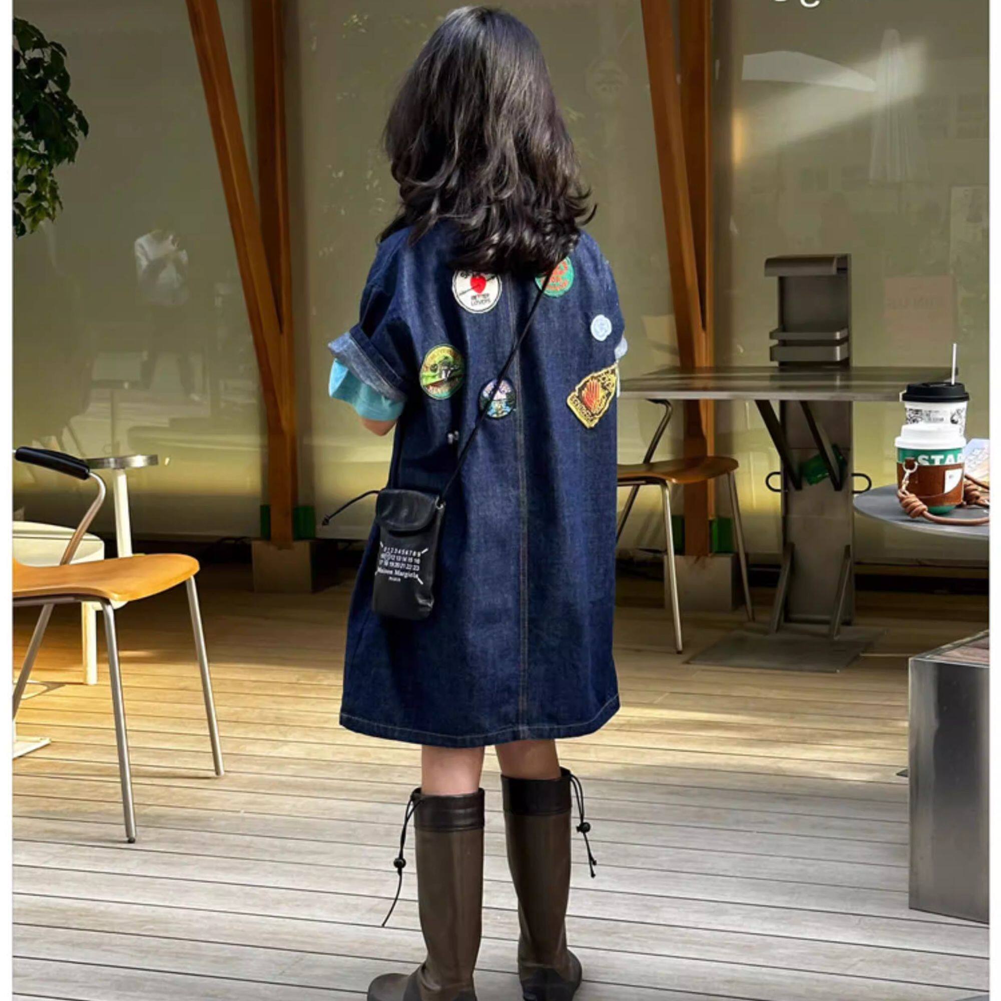 女童牛仔连衣裙两件套2026春夏季中大儿童T恤套装刺绣亲子衬衫裙