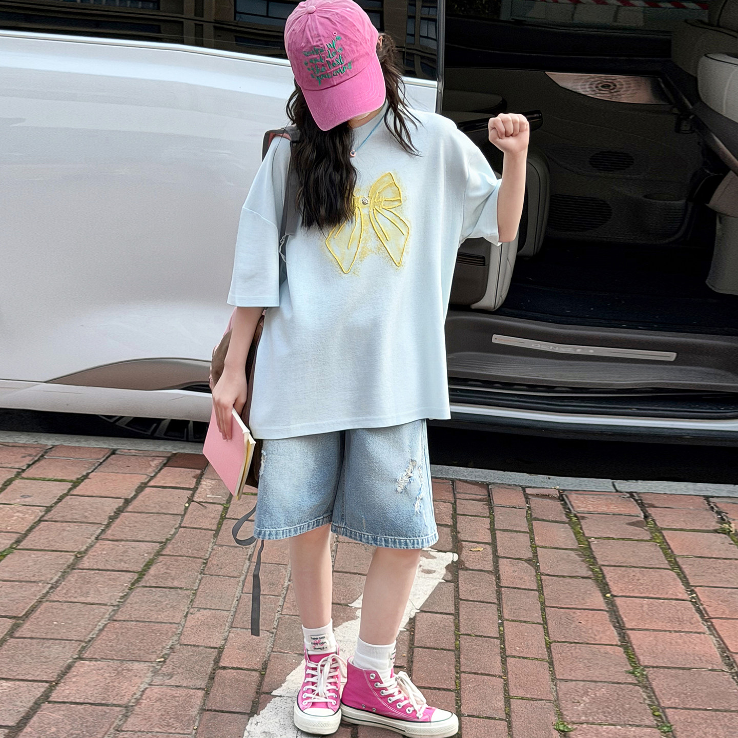 女童夏季套装2026新款洋气中大童蝴蝶结短袖破洞牛仔短裤两件套装