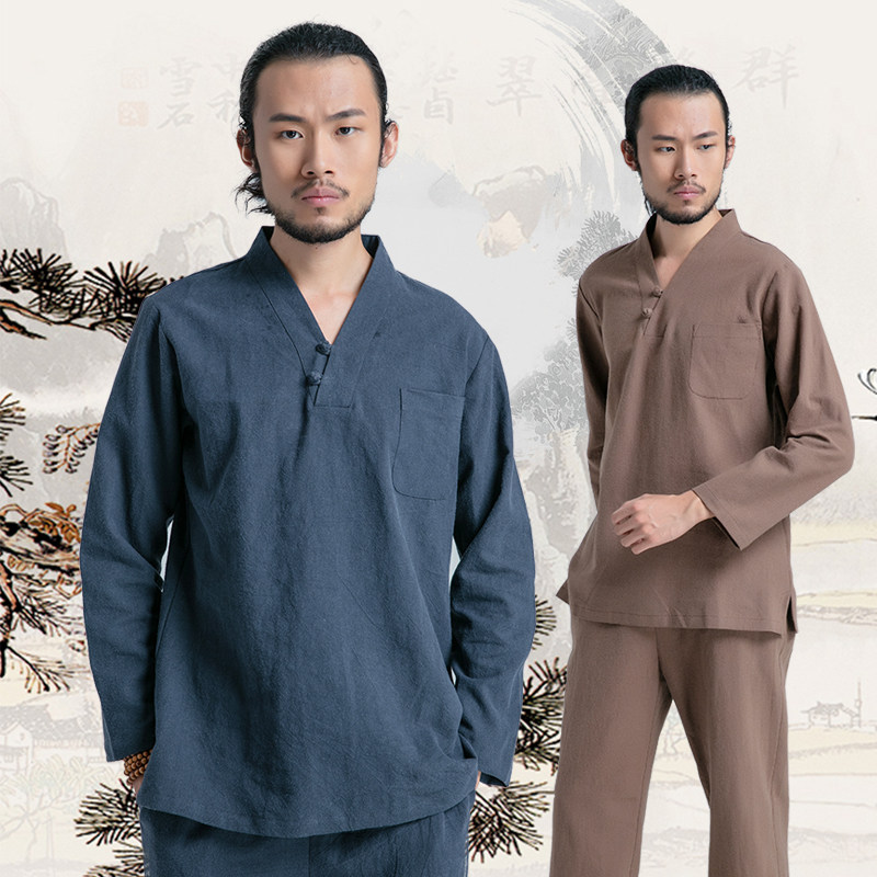 武农春季新款太极服 粗厚邹麻中国风唐装古装V领T恤武术练功套装