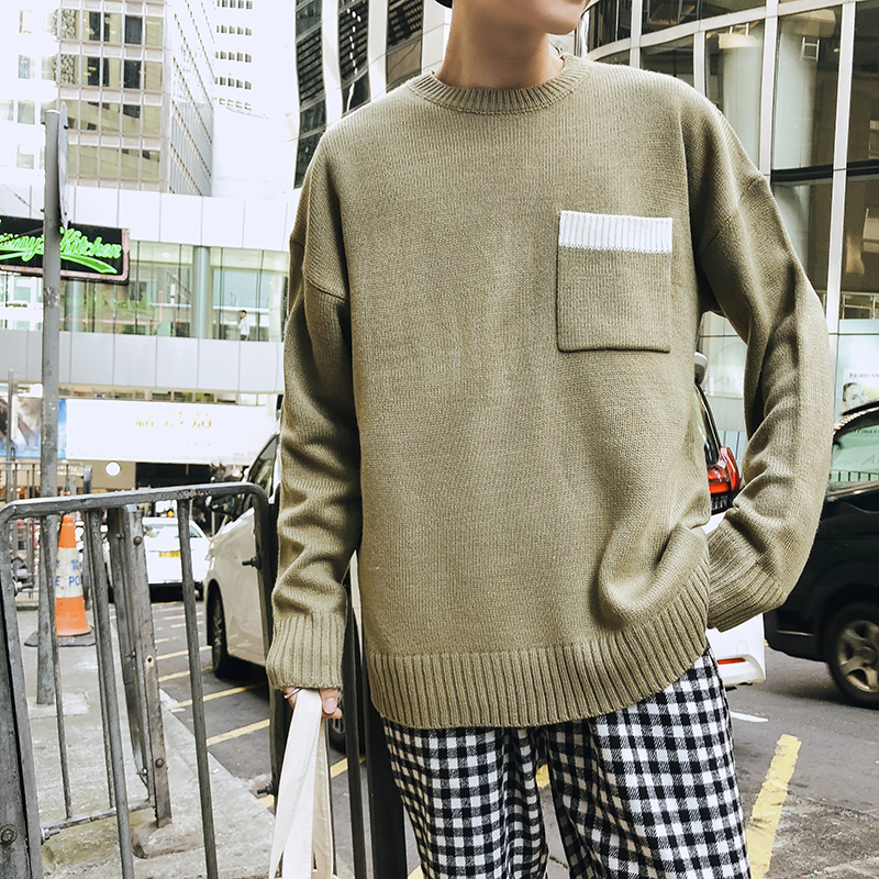 Fall and Winter 2018 New Korean Edition Fashion Circle Neck Pocket Decorative Knitted Sweater Male