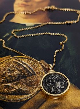 欧美vintage中古希腊925银复古浮雕人像古币雅典娜圆形项链毛衣链