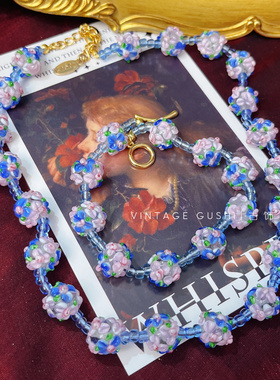 中古vintage法式小众复古手作蛋糕琉璃花朵项链手链气质锁骨链女