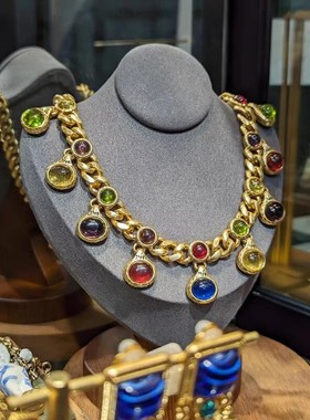 中古vintage铜镀金复古巴彩色琉璃项链欧美小众夸张多吊坠锁骨链