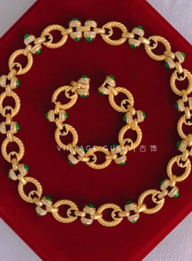中古vintage法式复古宫廷风素金几何圆环绿琉璃项链手链锁骨链女