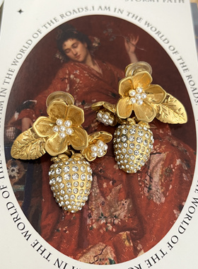中古vintage镀金微镶复古高级感珍珠草莓耳钉欧美小众无耳洞耳夹