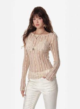 [GINGER]4muggle新款一字领蕾丝打底衫镂空针织上衣女内搭小衫