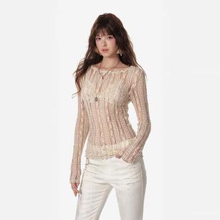 [GINGER]4muggle新款一字领蕾丝打底衫镂空针织上衣女内搭小衫