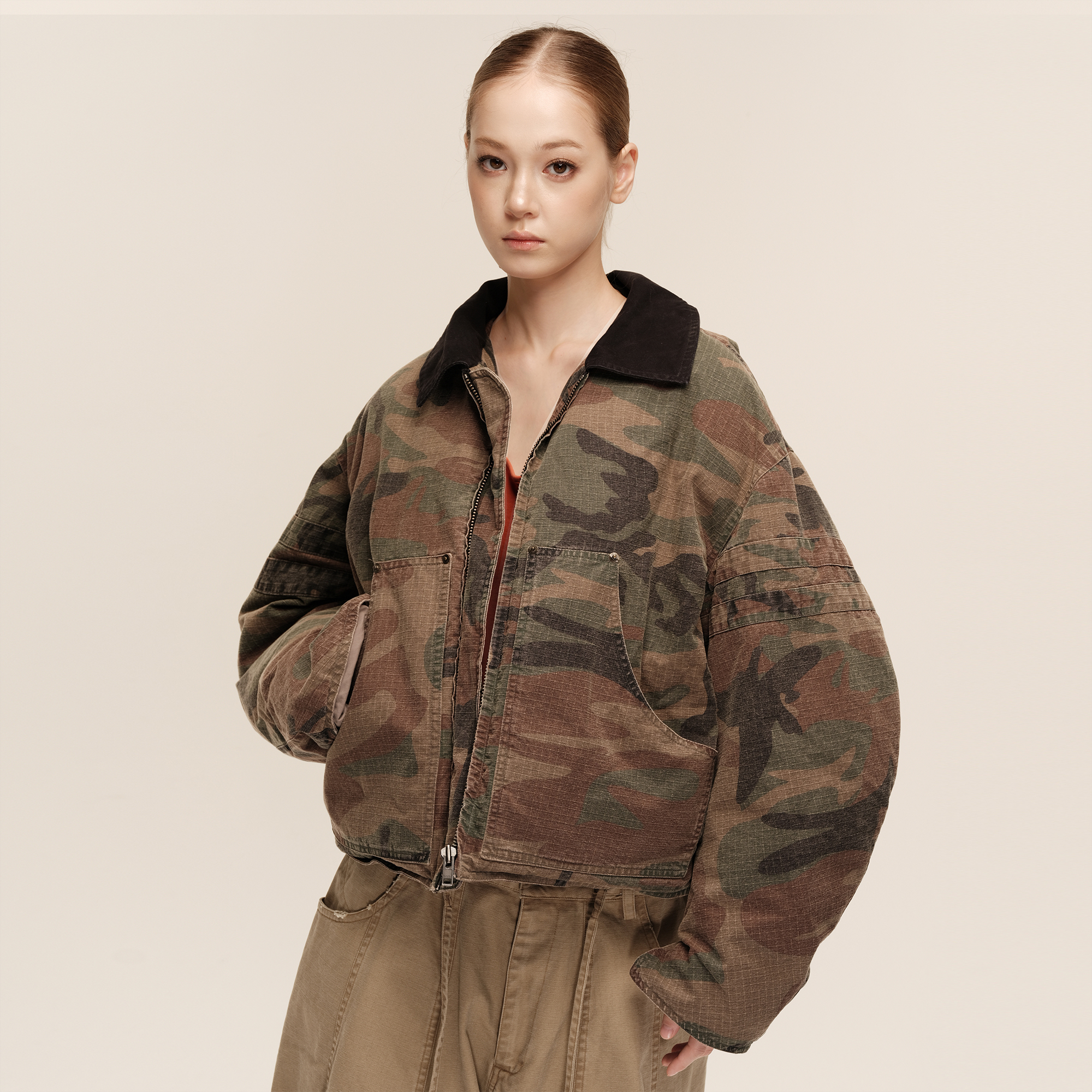 COZYDOLL迷彩水洗廓形派克羽绒服