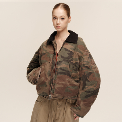 COZYDOLL迷彩水洗廓形派克羽绒服