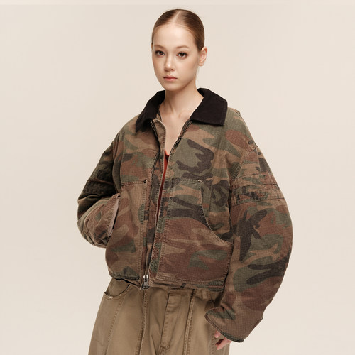 COZYDOLL迷彩水洗廓形派克羽绒服