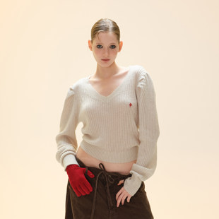 [GINGER]COZYDOLL慵懒复古v领泡泡袖微透刺绣毛衣女气质通勤上衣