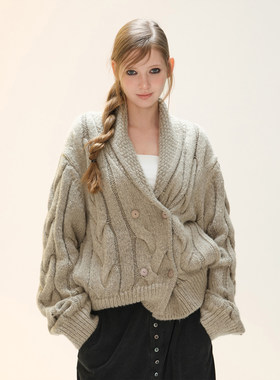 [GINGER]COZYDOLL【慵懒软糯】法式翻领麻花羊绒加厚开衫毛衣女