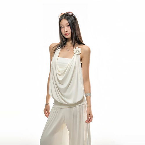 4muggle挂脖山茶花荡领上衣吊带