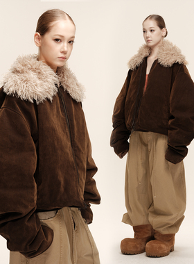 [GINGER]COZYDOLL白鸭绒复古水洗抽褶廓形可拆卸毛领派克羽绒服