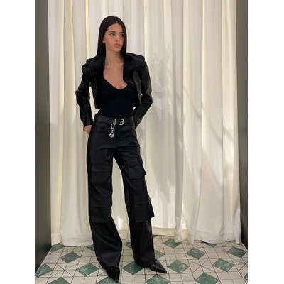 BabesoQ多口袋宽松皮裤长裤