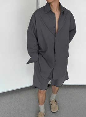 [GINGER MI]Babesochill慵懒感深灰色廓形时髦大衬衫外套上衣男