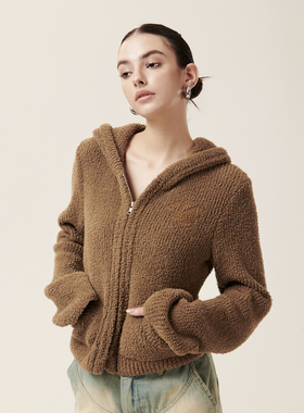 [GINGER MI]Cozydoll软糯羽毛绒亲肤喇叭袖收腰双拉链连帽毛衣