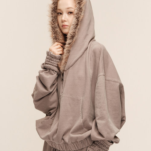 COZYDOLL复古水洗毛领连帽卫衣