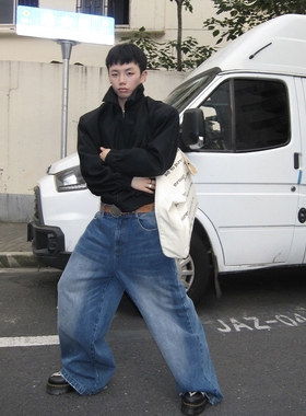 [GINGER MI]FEAR4FREE无性别基础款做旧磨边蓝色阔型牛仔长裤男女