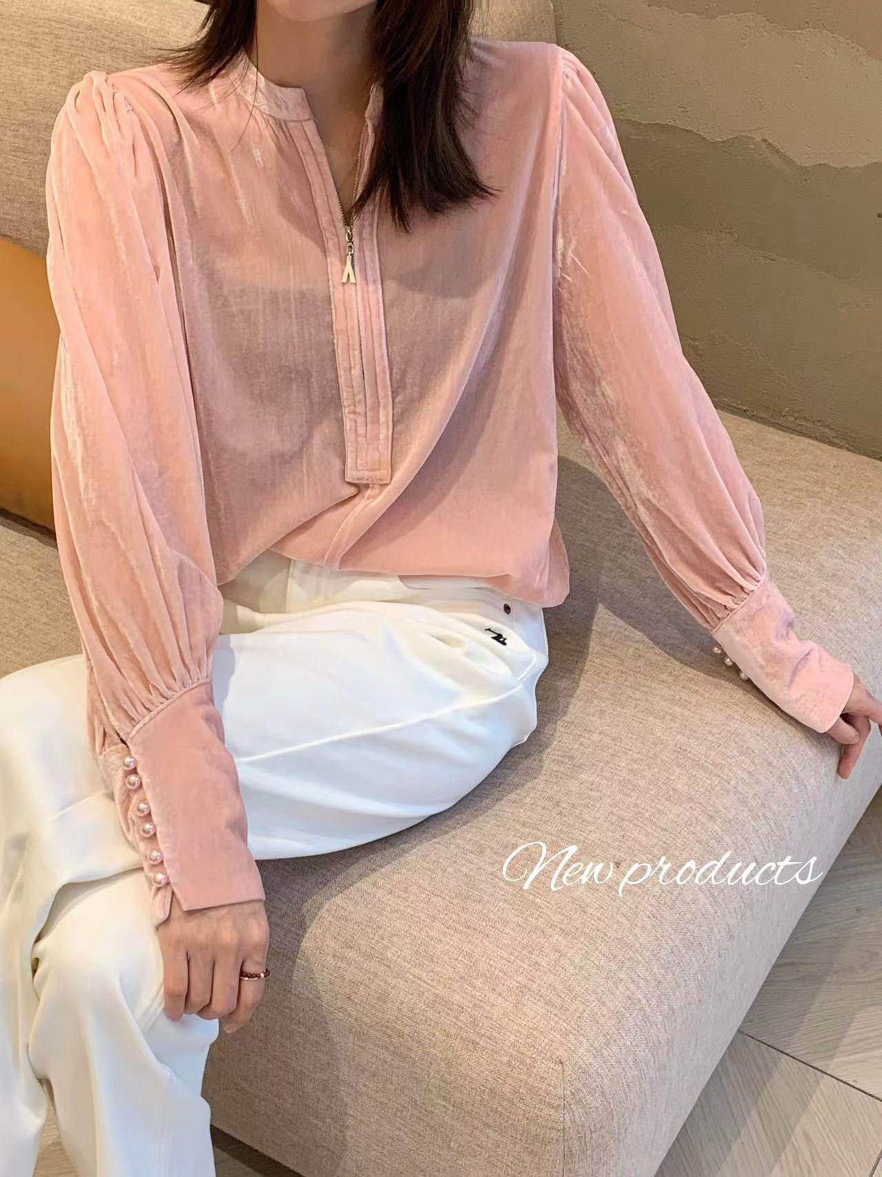 欧洲站2025冬V+.com时尚圆领半拉链显瘦丝绒长袖衬衫上衣断码特价