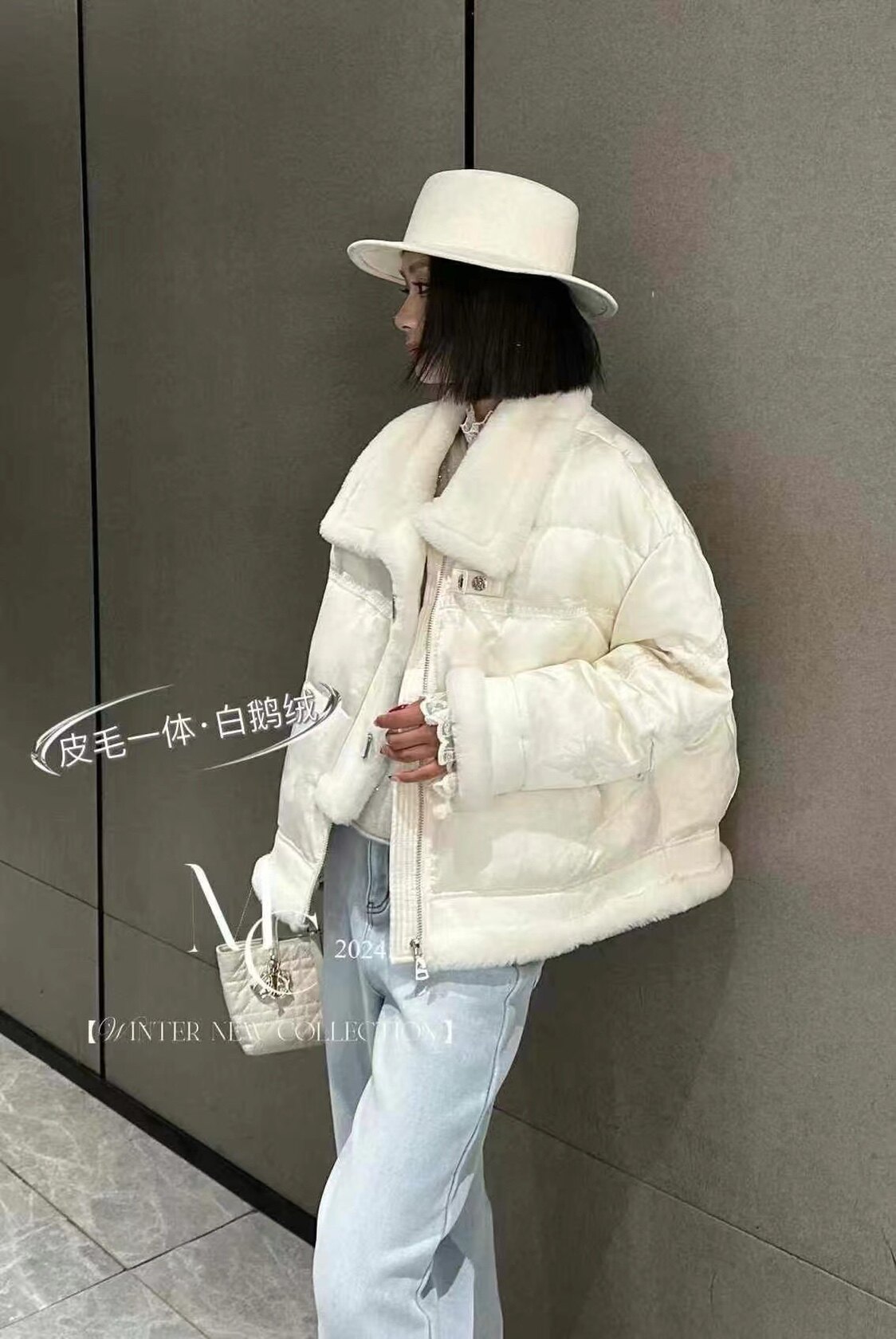 欧洲站2025冬季新Dong.one显瘦大翻领皮毛一体白鹅绒羽绒服外套女