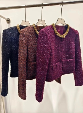 欧洲站2024秋Ｖ+.com显瘦领口钉钻长袖气质小香风短款外套女28631