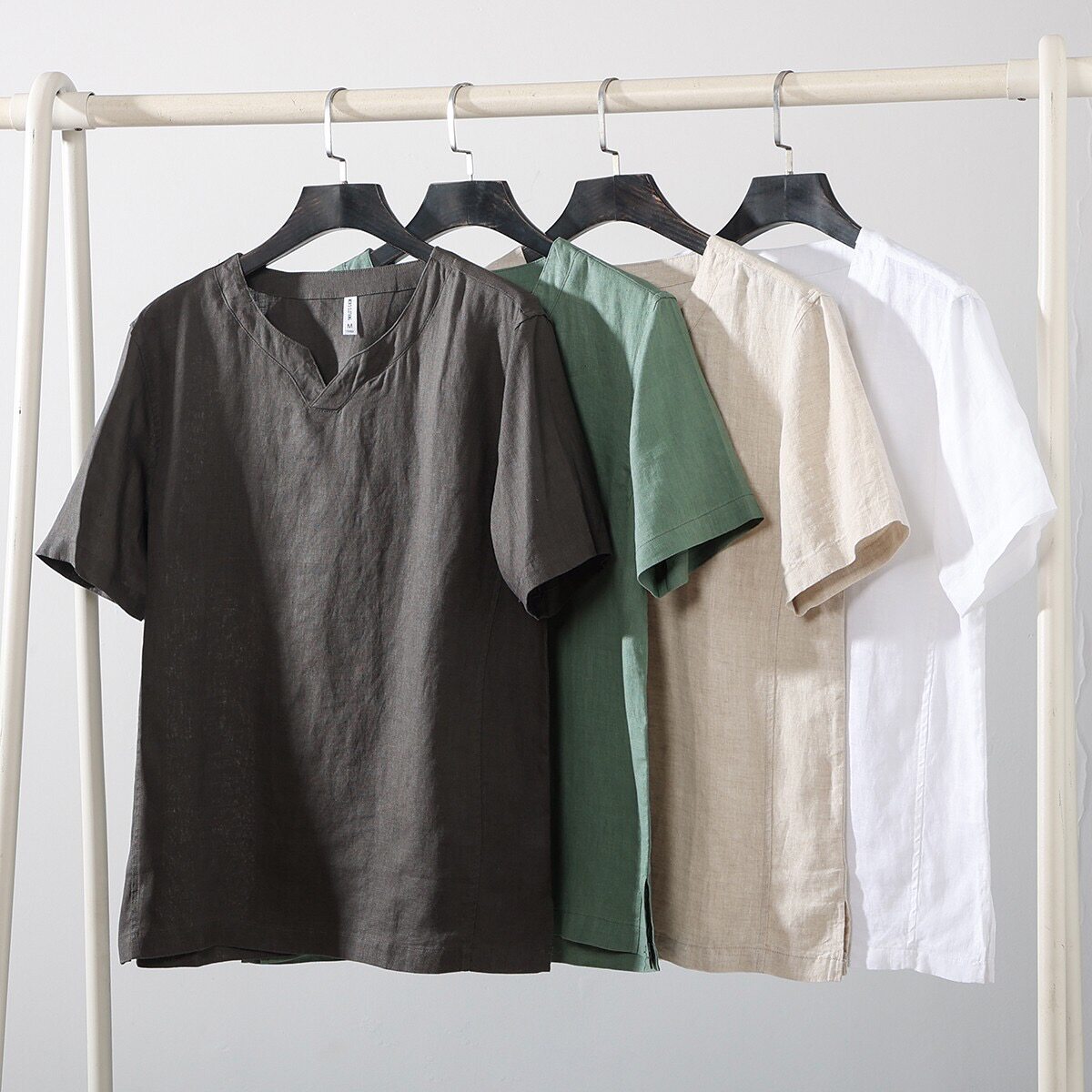高级感中式100%亚麻V领短袖T恤男2026夏季透气宽松纯色休闲衬衫女