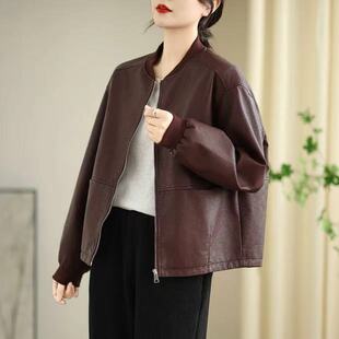 纯色宽松百搭简约长袖 新款 上衣 棒球领PU皮休闲皮衣女春季 2025时尚