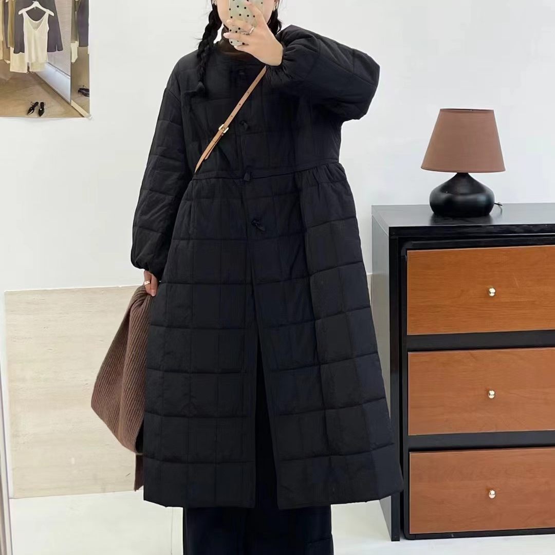 圆领绗缝格子夹棉外套长款棉衣