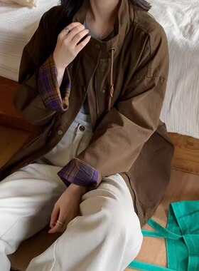 100棉外套2025秋季新款减龄日系风格子拼接立领长袖风衣女85380