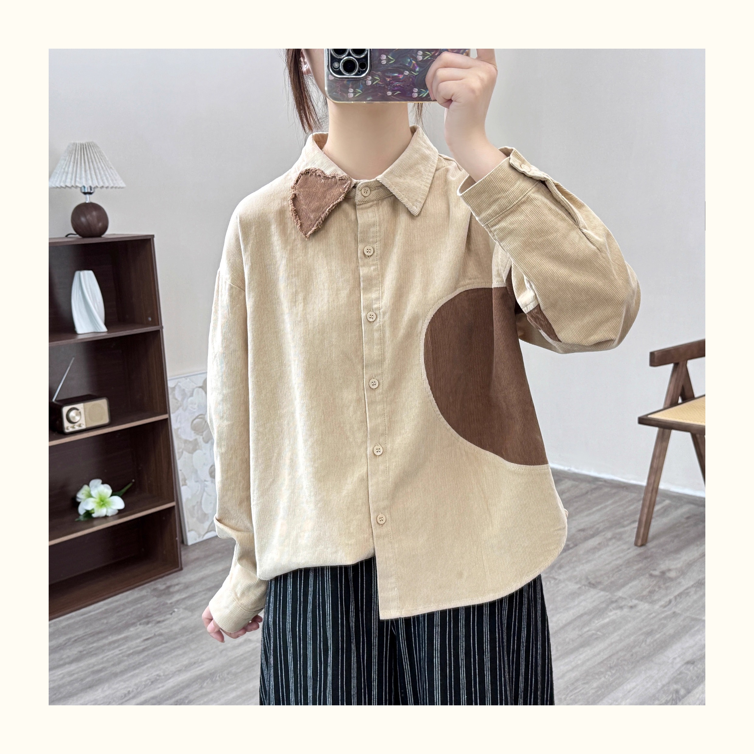 撞色拼接纯棉灯芯绒衬衫女长袖