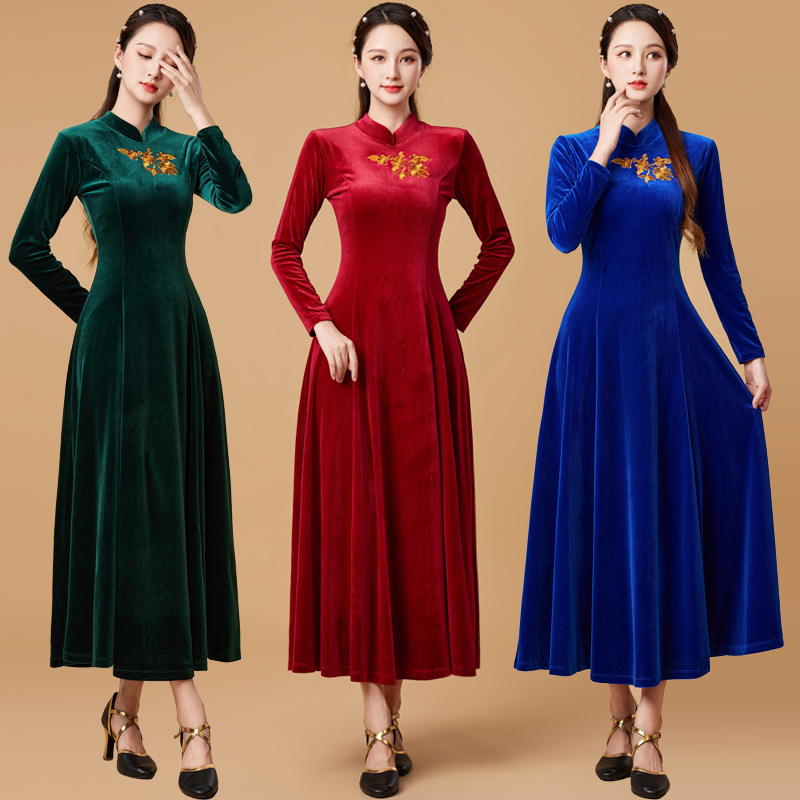 2025秋冬新款改良复古韩国绒旗袍 旗袍连衣裙大摆裙时尚丝绒长款