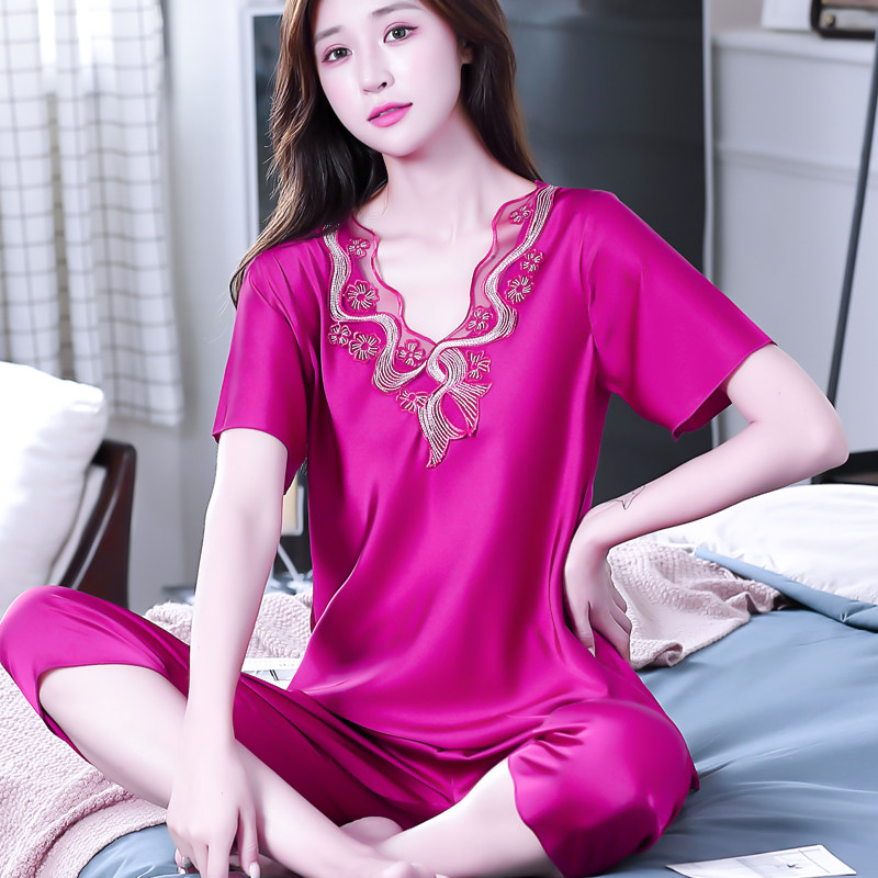 睡衣女夏短袖套装冰丝丝绸女士夏季大码夏天薄款夏装可外穿家居服
