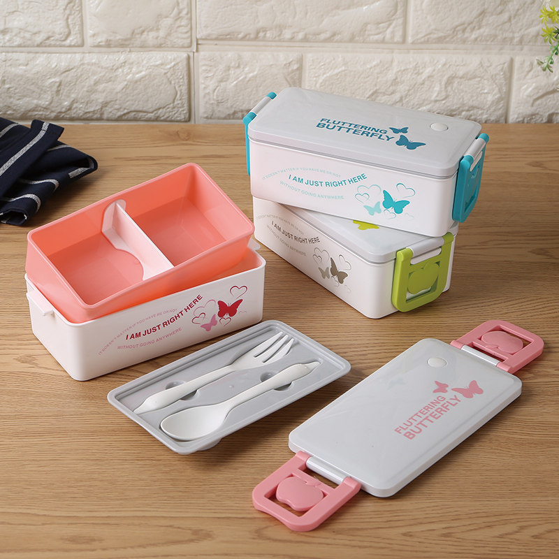 日式双层分格饭盒微波炉饭盒耐热上班学生塑料便当盒贝合密封饭盒