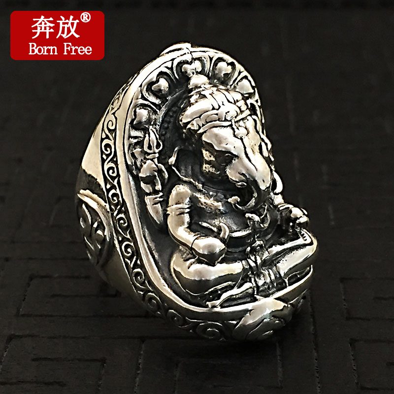 Born Free/奔放S925纯银饰品男女吉祥象王象鼻财神复古泰银戒指环