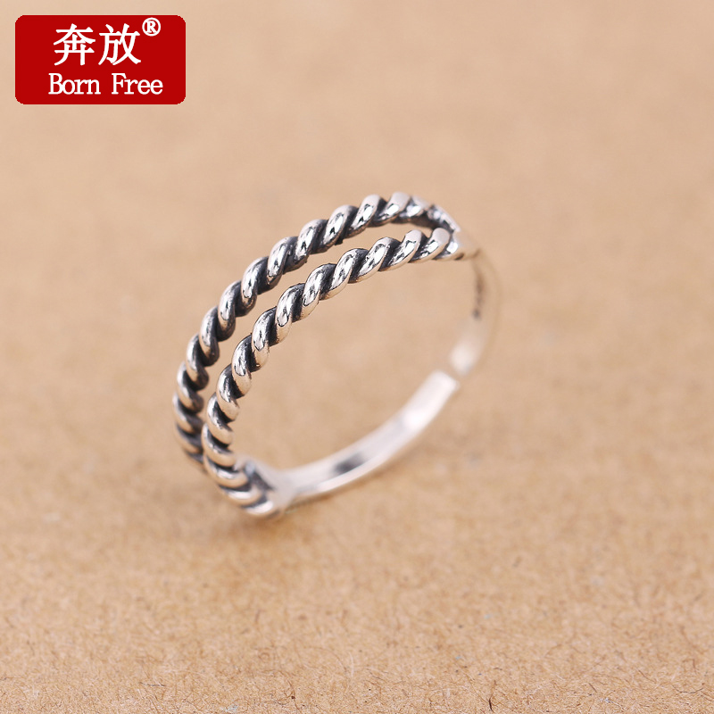 Born Free/奔放S925纯银饰品泰银复古精致手工女韩版双排麻花戒指