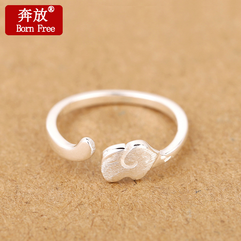 Born Free/奔放S925纯银饰品手工拉丝小萌象开口戒指日韩版女指环