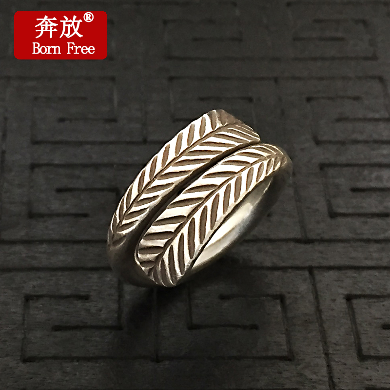 Born Free/奔放泰国清迈手工银饰品S925纯银复古叶子指环开口戒指