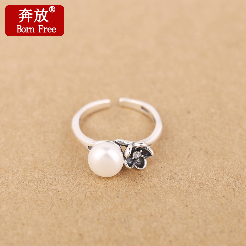 Born Free/奔放S925纯银泰银复古中国风珍珠小花朵开口戒指女指环