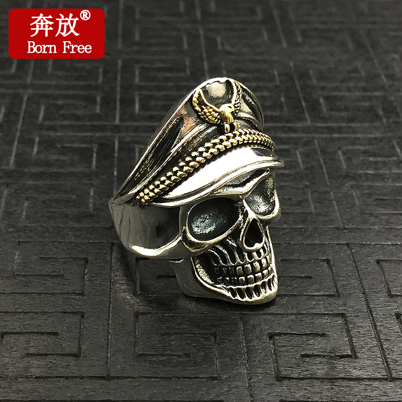 Born Free/奔放S925纯银复古泰银朋克风空军指挥官骷髅头开口戒指