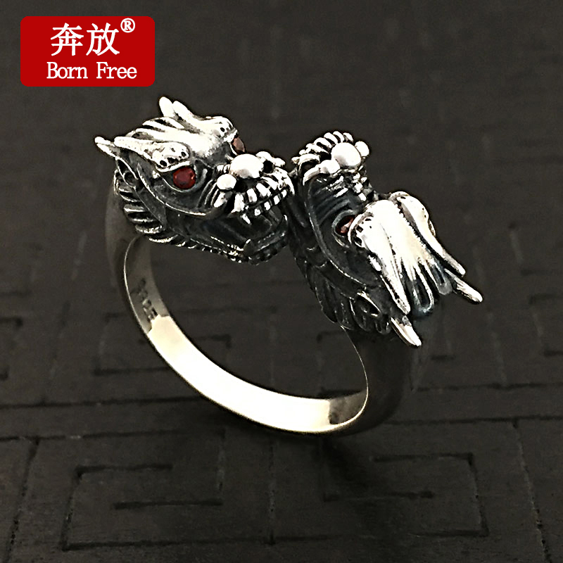 Born Free/奔放S925纯银饰品复古男女双龙头泰银戒指个性开口指环
