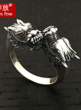 Born Free/奔放S925纯银饰品复古男女双龙头泰银戒指个性开口指环