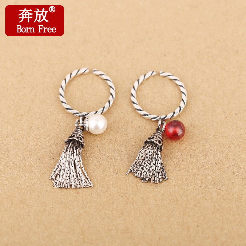 Born Free/奔放S925纯银泰银民族风流苏石榴石珍珠开口戒指女指环