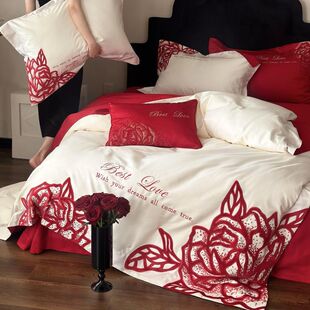 浪漫婚庆100S双股长绒棉四件套丝绒玫瑰刺绣结婚被套红色婚礼床品
