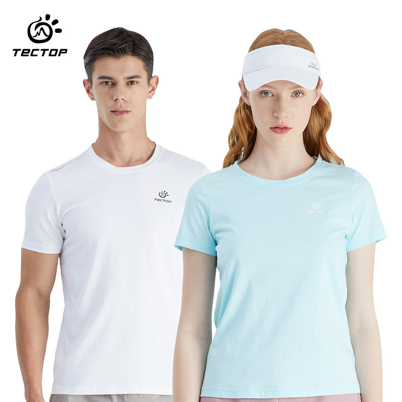 探拓圆领短袖T恤女纯棉吸湿排汗户外运动上衣轻薄透气纯色速干衣