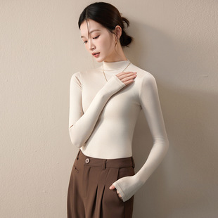 莫代尔半高领紧身打底衫女秋冬修身内搭加厚纯黑白色长袖t恤上衣